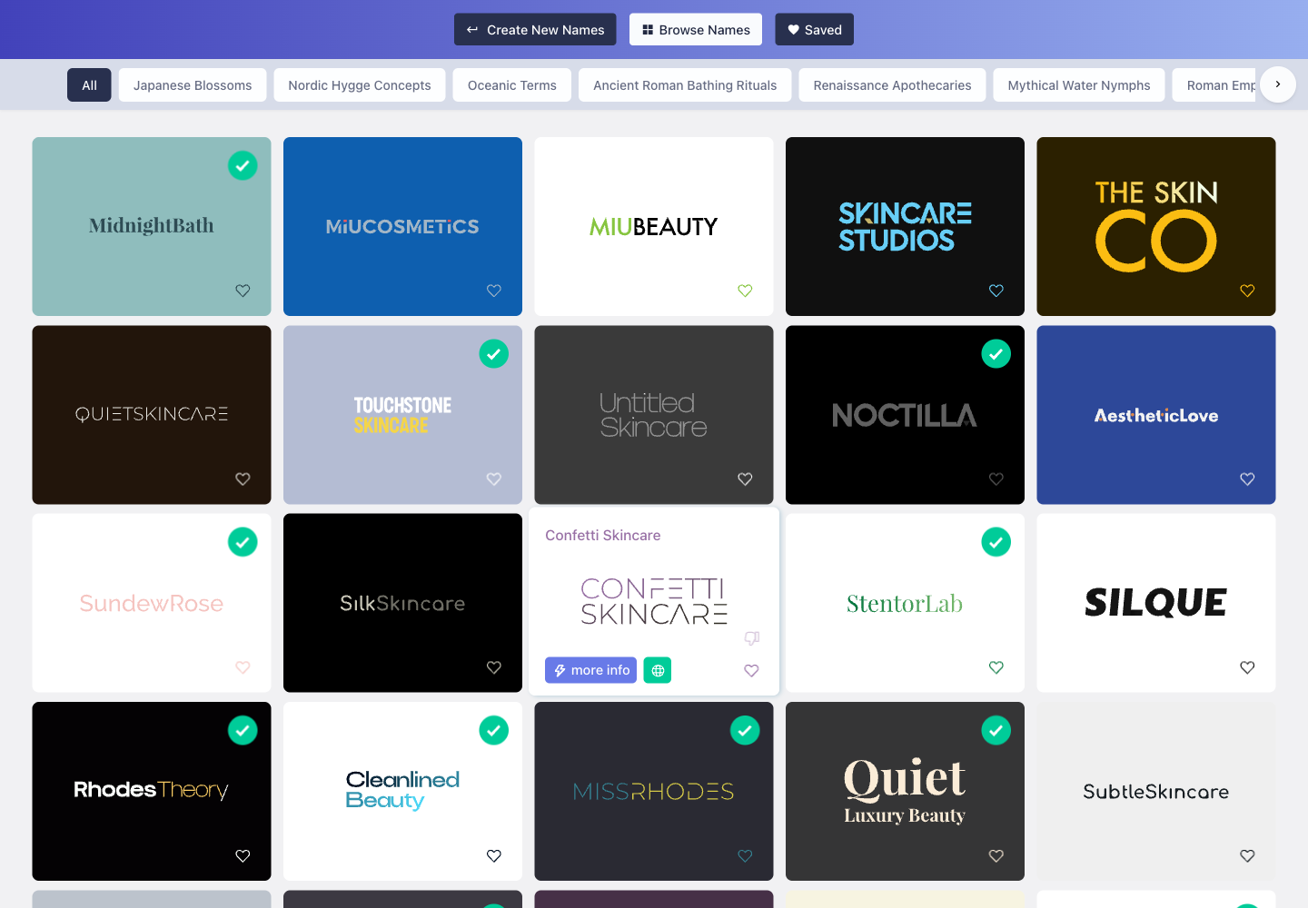 a Namelix result grid showing the first visible consumer skincare name ideas.